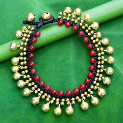 Beaded quartz bracelet, 'Summer Chimes' - Fair Trade Beaded Bracelet with Red Quartz and Brass