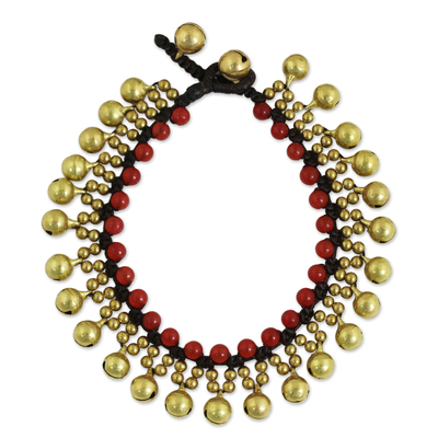Beaded quartz bracelet, 'Summer Chimes' - Fair Trade Beaded Bracelet with Red Quartz and Brass