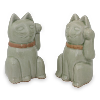 Celadon figurines, 'Lucky Green Cat' (pair) - Lucky Cat Thai Celadon Ceramic Figurines in Green (Pair)