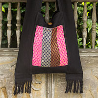 Cotton shoulder bag, 'Thai Beauty' - Handwoven Thai Style Black Cotton Shoulder Bag