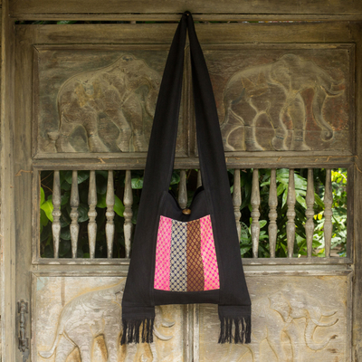 Cotton shoulder bag, 'Thai Beauty' - Handwoven Thai Style Black Cotton Shoulder Bag