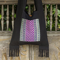 Cotton shoulder bag, 'Thai Twilight' - Thai-Style Handbag in Black Cotton with Embroidered Panel