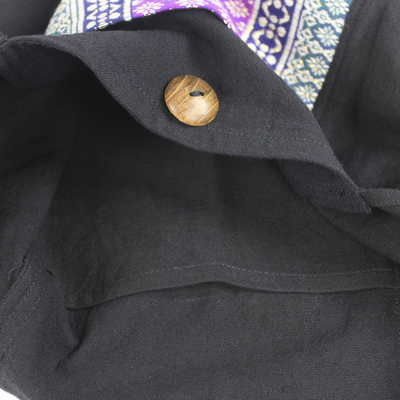 Bolso bandolera de algodón - Bolso de mano estilo tailandés de algodón negro con panel bordado
