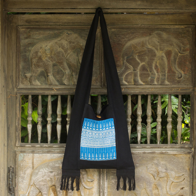 Cotton shoulder bag, 'Blue Camellia' - Artisan Handmade Blue and Black Cotton Handbag