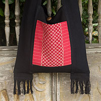 Cotton shoulder bag, 'Thai Crimson' - Handwoven Red and Black Shoulder Bag with Fringe