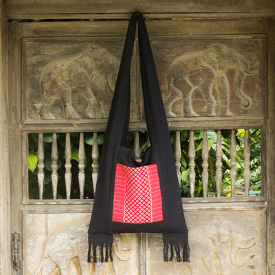 Bolso bandolera de algodón - Bolso de hombro rojo y negro tejido a mano con fleco