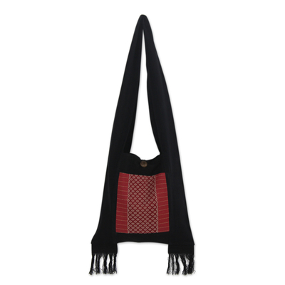 Handwoven Red and Black Shoulder Bag with Fringe