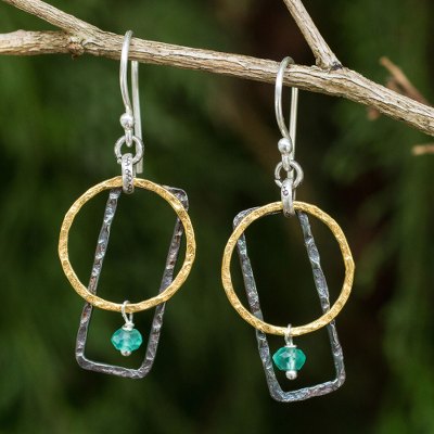 Gold plated dangle earrings, 'Green Energy' - Gold Plated Geometric Earrings with Sterling Silver and Onyx
