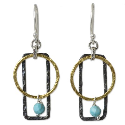 Gold plated dangle earrings, 'Turquoise Energy' - Geometric Earrings in Gold Plate Sterling Silver and Calcite