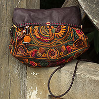 Leather accent embroidered shoulder bag, 'Mandarin Smile' - Leather Accent Embroidered Hill Tribe Shoulder Bag with Flap