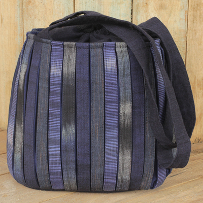 Bolso bandolera de algodón - Bolso de hombro de algodón tejido a mano en azul y negro