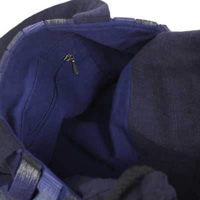 Cotton shoulder bag, 'Orient Blue' - Hand Woven Cotton Shoulder Bag in Blue and Black