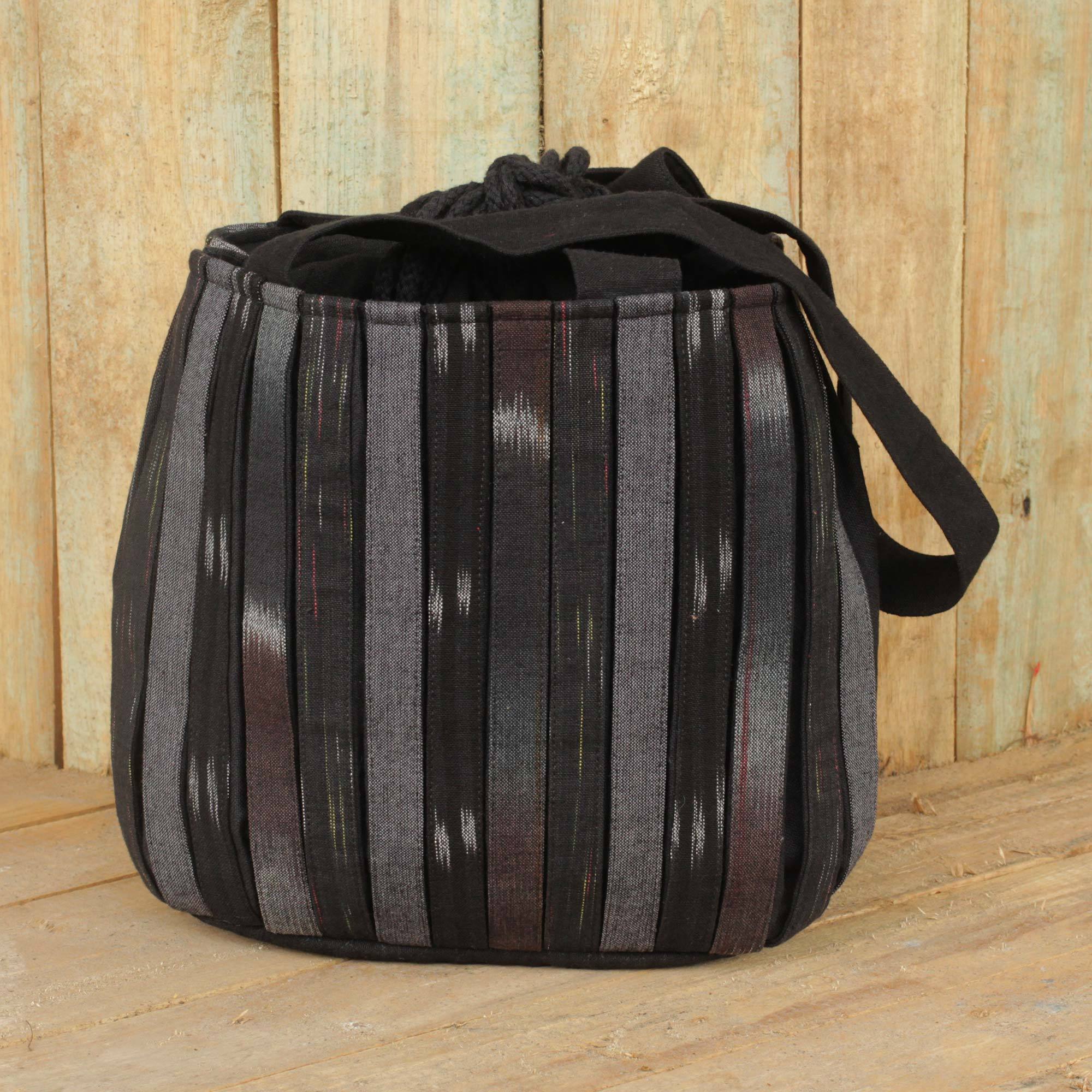 Dark Ikat Style Hand Woven Cotton Shoulder Bag with Pockets Orient