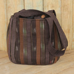 Cotton shoulder bag, 'Oriental Dark Brown' - Ikat Style Hand Woven Cotton Shoulder Bag with Pockets