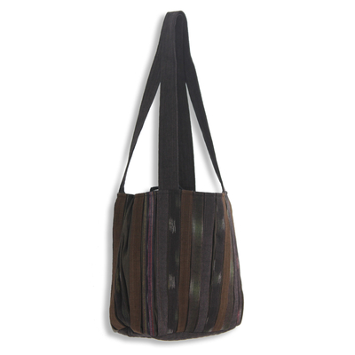 Cotton shoulder bag, 'Oriental Dark Brown' - Ikat Style Hand Woven Cotton Shoulder Bag with Pockets
