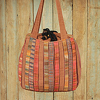 Cotton shoulder bag, 'Oriental Brown' - Pleated Shoulder Bag with 3 Pockets in Hand Woven Cotton