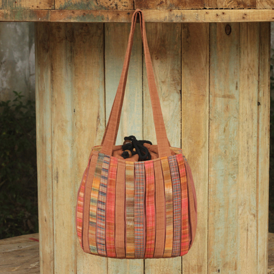 Cotton shoulder bag, 'Oriental Brown' - Pleated Shoulder Bag with 3 Pockets in Hand Woven Cotton