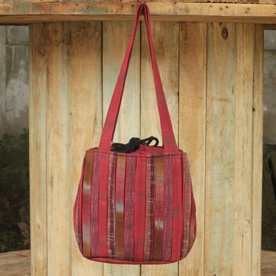 Umhängetasche aus Baumwolle - Handgewebte rote Umhängetasche aus Baumwolle im Ikat-Stil mit Taschen