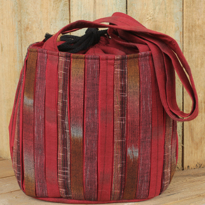 Cotton shoulder bag, 'Orient Red' - Hand Woven Red Ikat Style Cotton Shoulder Bag with Pockets