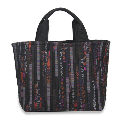 Silk tote bag, 'Exotic Black' - Hill Tribe Silk Patterned Tote Bag Multiple Pockets in Black
