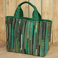 Silk tote bag, 'Exotic Green' - Hand Woven Silk Hill Tribe Tote Bag in Green