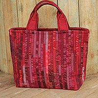 Silk tote bag, 'Exotic Red' - Red Hill Tribe Silk Patterned Tote Bag with Inner Pockets