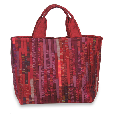 Silk tote bag, 'Exotic Red' - Red Hill Tribe Silk Patterned Tote Bag with Inner Pockets
