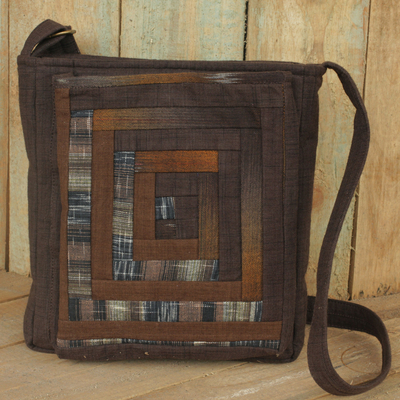 Cotton shoulder bag, 'Brown Siam' - Thai Applique Shoulder Bag in Brown Cotton and 3 Pockets