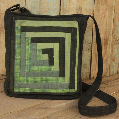 Umhängetasche aus Baumwolle - Umhängetasche aus Baumwolle mit Thai-Applikation in Grün mit 3 Taschen