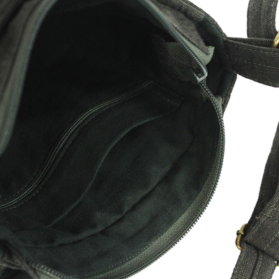 Cotton shoulder bag, 'Dark Green Siam' - Cotton Thai Applique Shoulder Bag in Green with 3 Pockets