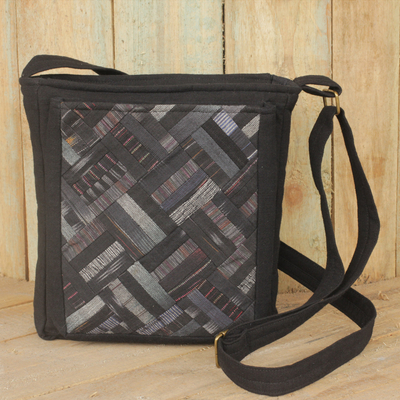 Cotton shoulder bag, 'Black Siam' - Black Cotton Thai Applique Shoulder Bag with 3 Pockets