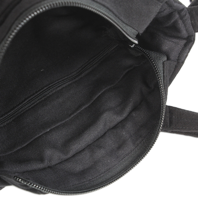 Bolso bandolera de algodón - Bolso de hombro con apliques tailandeses de algodón negro con 3 bolsillos