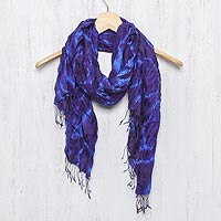 Silk scarf, 'Indigo Dance' - Blue Purple Tie-dye Silk Scarf Crafted by Hand in Thailand
