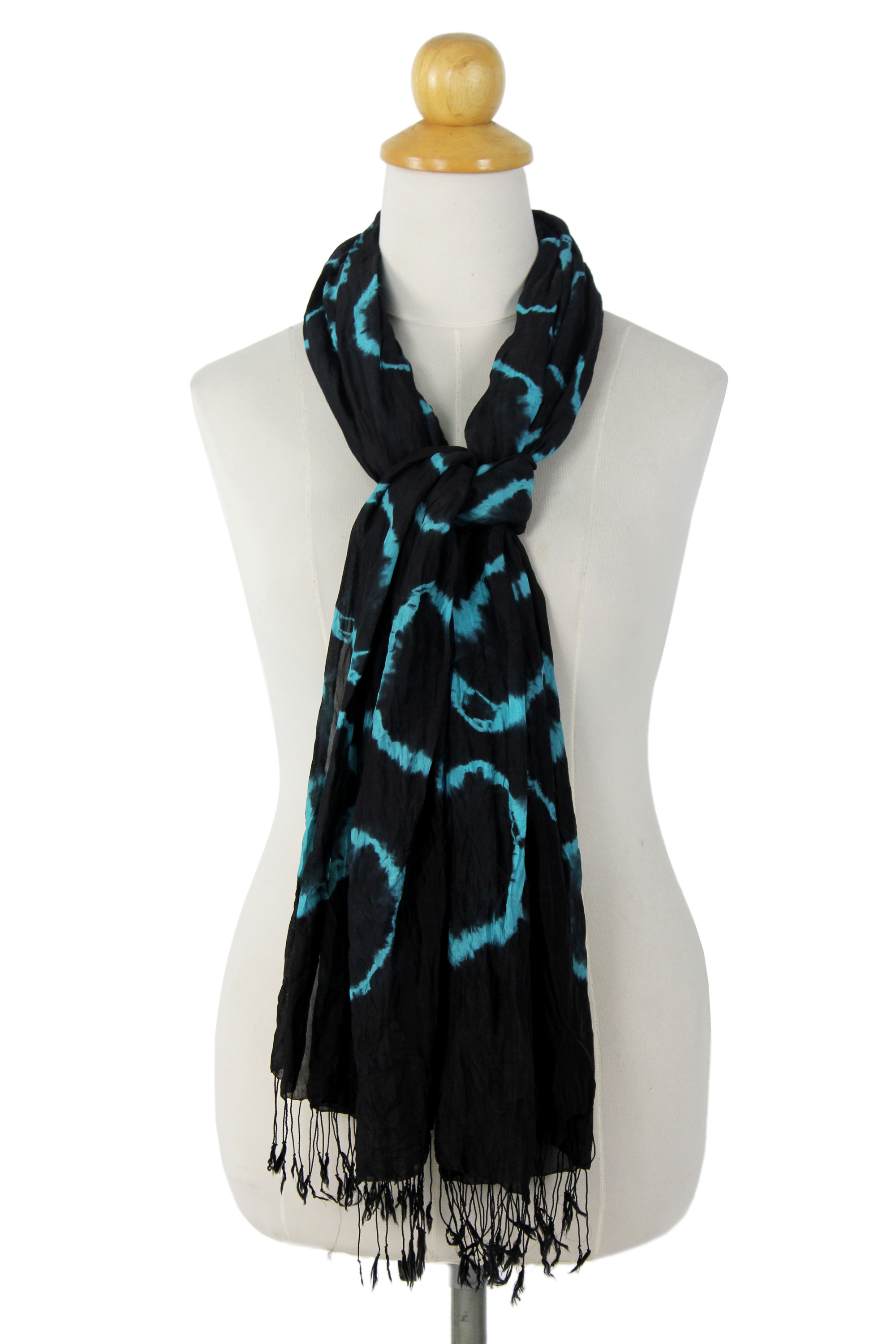 Black Blue Tie-dye Silk Scarf Crafted by Hand in Thailand, 'Licorice Dance'