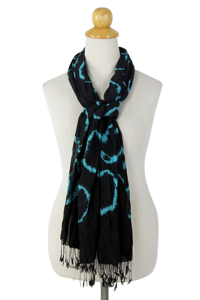 Silk scarf, 'Licorice Dance' - Black Blue Tie-dye Silk Scarf Crafted by Hand in Thailand