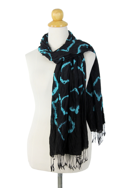 Silk scarf, 'Licorice Dance' - Black Blue Tie-dye Silk Scarf Crafted by Hand in Thailand
