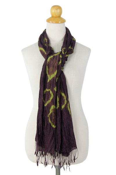 Silk scarf, 'Aubergine Dance' - Green Purple Tie-dye Silk Scarf Crafted by Hand in Thailand
