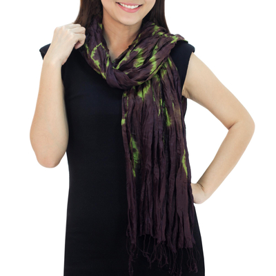 Silk scarf, 'Aubergine Dance' - Green Purple Tie-dye Silk Scarf Crafted by Hand in Thailand