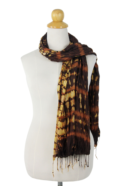 Silk scarf, 'Desert Mystique' - Brown Crinkled 100% Silk Scarf with Yellow Tie Dye Patterns