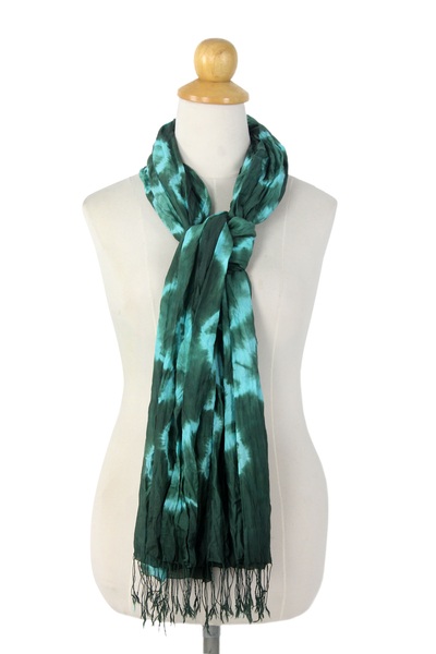 Silk scarf, 'Emerald Dance' - Thai Hand Crafted Green and Blue Silk Tie Dye Scarf