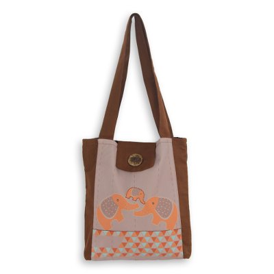 Cotton shoulder bag, 'Sweet Family' - Playful Elephants on Brown Thai Cotton Shoulder Bag