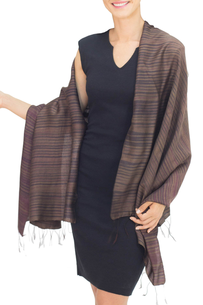 Silk and cotton blend batik shawl, 'Romance in Umber' - Women's Woven Silk and Cotton Striped Shawl in Umber