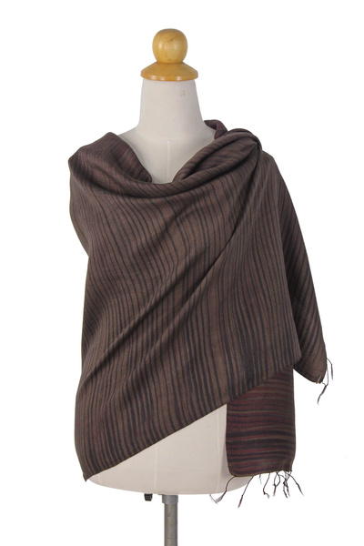 Mantón batik en mezcla de seda y algodón - Chal de mujer tejido de seda y algodón a rayas color sombra