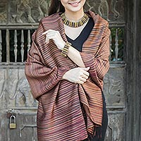 Silk and cotton blend batik shawl, 'Romance in Tan' - Artisan Crafted Tan Striped Batik Shawl from Thailand