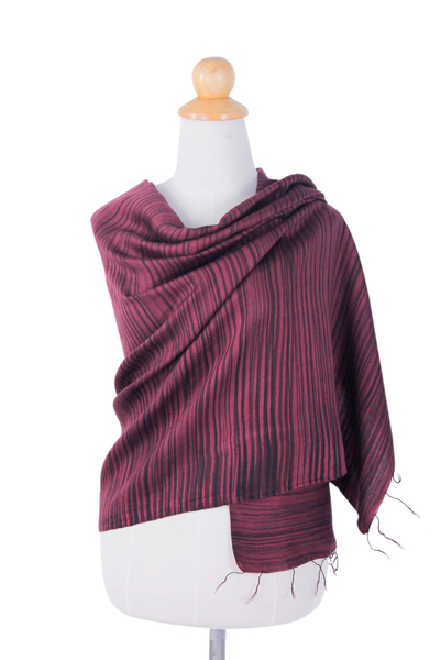Silk and cotton blend batik shawl, 'Romance in Cranberry' - Striped Cranberry Red Shawl Handmade in Silk and Cotton