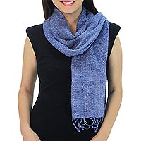 Raw silk scarf, 'Essential Blue'