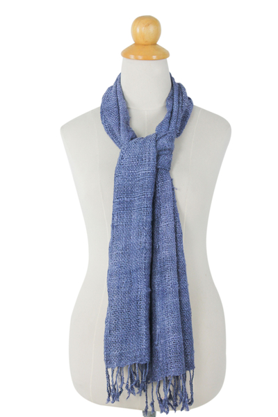 Raw silk scarf, 'Essential Blue' - Medium Blue Woven All-Silk Scarf Handmade by Thai Artisan