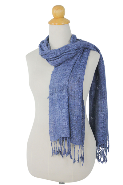 Raw silk scarf, 'Essential Blue' - Medium Blue Woven All-Silk Scarf Handmade by Thai Artisan
