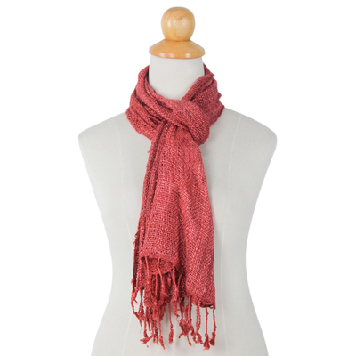 Raw silk scarf, 'Essential Rose' - Artisan Crafted Rose Pink Woven Silk Scarf with Fringe