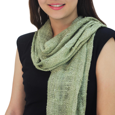 Raw silk scarf, 'Essential Green' - Hand Woven and Hand Dyed Light Green Raw Silk Scarf